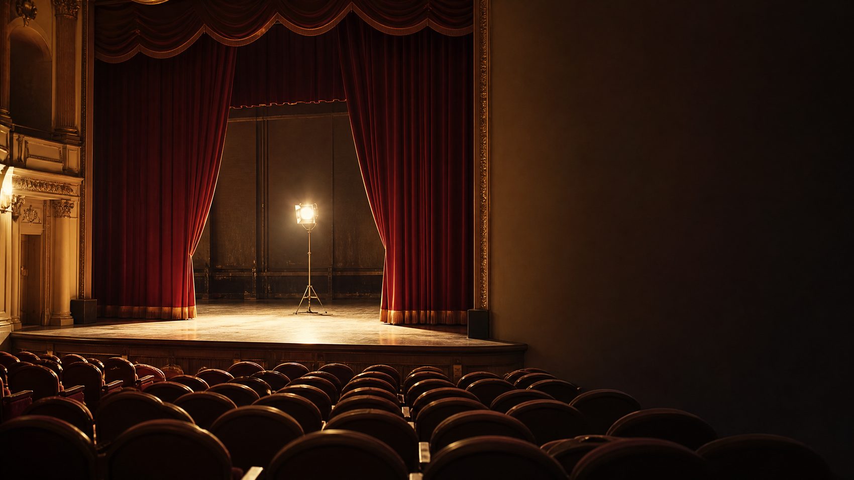An empty theatre seen from the stalls with heavy red curtains half drawn and a single work light standing centre stage