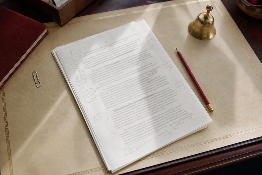 A marked-up typescript with pencil annotations in the margins, a red pencil, a paper clip and a small brass bell on a cream blotter