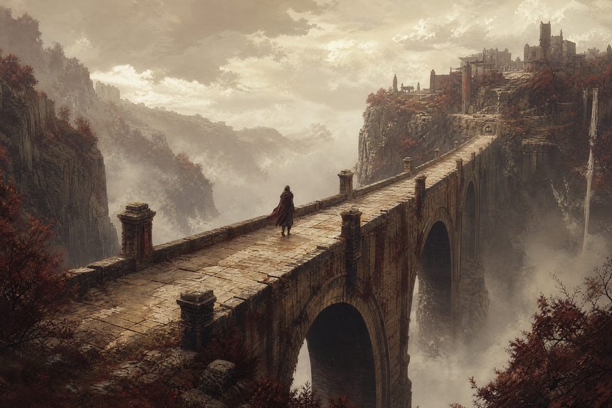 A traveller crossing a long stone bridge over a misty gorge, halfway across, in flat overcast light