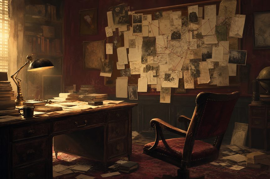 A study with papers pinned to a board and a chair pushed back