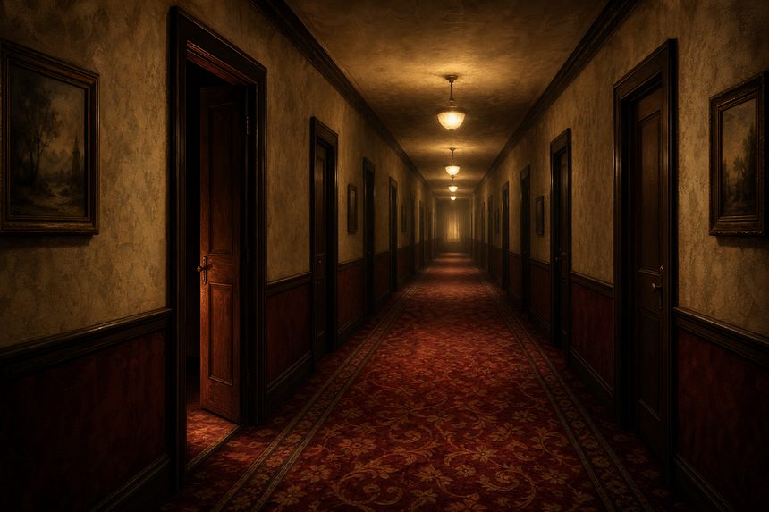 A long hotel corridor with patterned carpet and closed doors