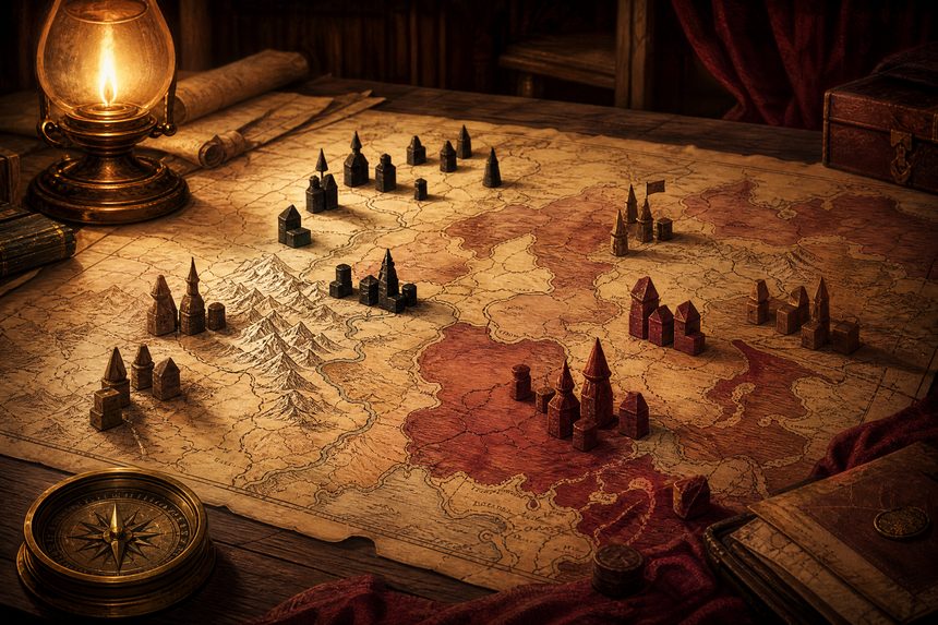 A table covered with a hand-drawn map and wooden markers arranged in clusters