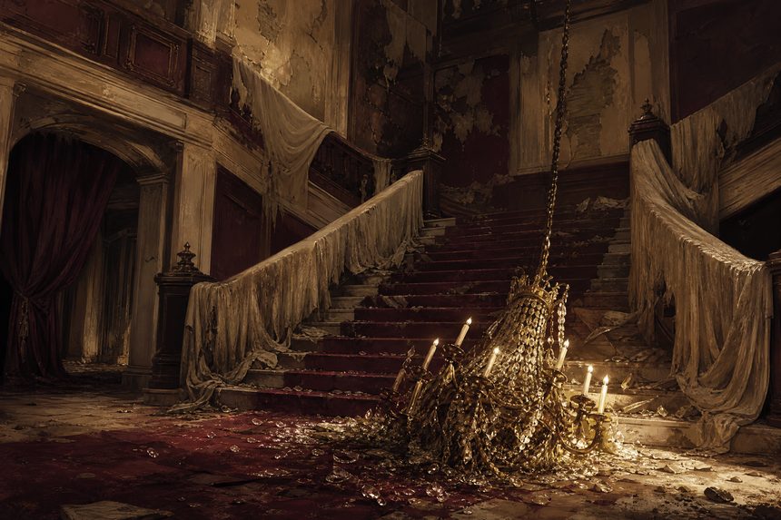 A grand staircase in a decaying mansion with a chandelier lowered to the floor and dust sheets over the banisters