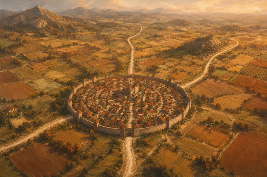 An aerial view of a walled town with three roads leaving in different directions